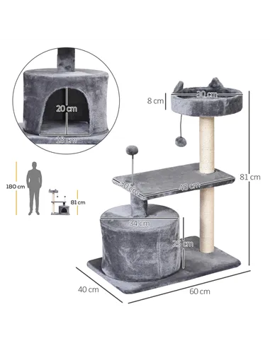 PawHut Cat Tree for Indoor Cats with Scratching Post Climbing Tower Kitty Activity Centre Condo Perch Jumping Platforms Grey 60L