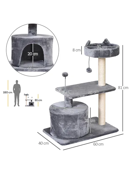 PawHut Cat Tree for Indoor Cats with Scratching Post Climbing Tower Kitty Activity Centre Condo Perch Jumping Platforms Grey 60L