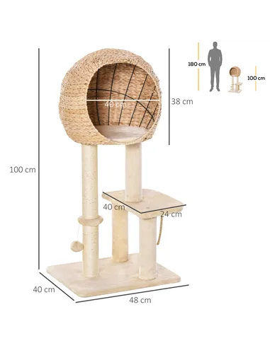 PawHut Cat Tree for Indoor Cats 100cm Kitten Climbing Tower Activity Center with Sisal Scratching Post Condo Perch Hanging Balls