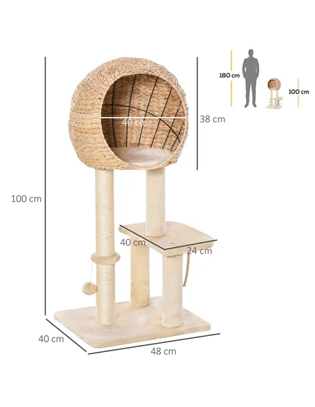 PawHut Cat Tree for Indoor Cats 100cm Kitten Climbing Tower Activity Center with Sisal Scratching Post Condo Perch Hanging Balls