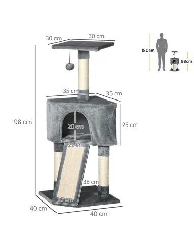 PawHut Corner Cat Tree for Indoor Cats, Kitten Tower with Scratching Post House Ladder Toy - Grey