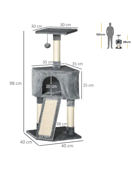 PawHut Corner Cat Tree for Indoor Cats, Kitten Tower with Scratching Post House Ladder Toy - Grey
