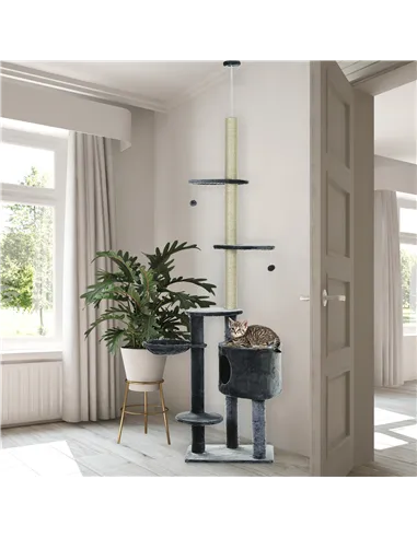 PawHut Floor to Ceiling Cat Tree for Indoor Cats Play Tower Climbing Activity Center Scratching Post Platforms Condo Adjustable 