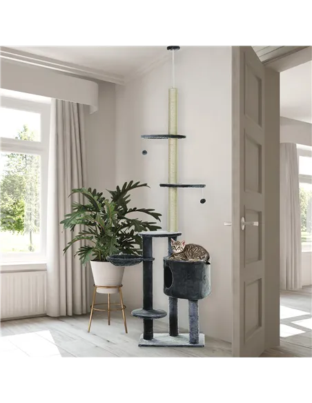 PawHut Floor to Ceiling Cat Tree for Indoor Cats Play Tower Climbing Activity Center Scratching Post Platforms Condo Adjustable 