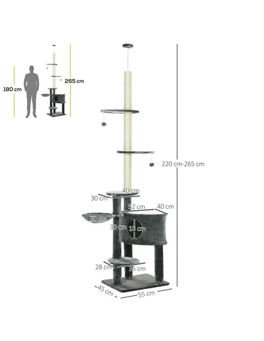 PawHut Floor to Ceiling Cat Tree for Indoor Cats Play Tower Climbing Activity Center Scratching Post Platforms Condo Adjustable 