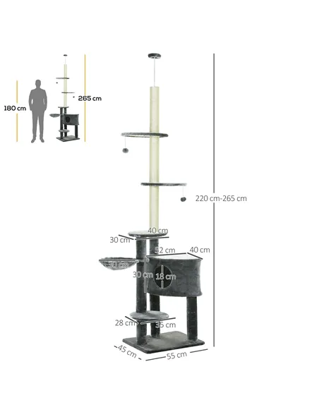 PawHut Floor to Ceiling Cat Tree for Indoor Cats Play Tower Climbing Activity Center Scratching Post Platforms Condo Adjustable 