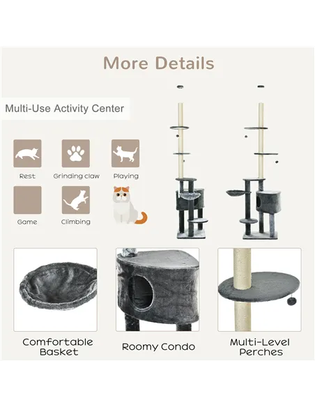 PawHut Floor to Ceiling Cat Tree for Indoor Cats Play Tower Climbing Activity Center Scratching Post Platforms Condo Adjustable 