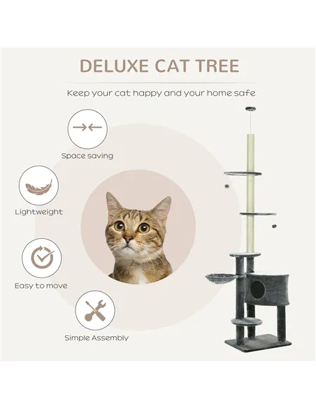 PawHut Floor to Ceiling Cat Tree for Indoor Cats Play Tower Climbing Activity Center Scratching Post Platforms Condo Adjustable 