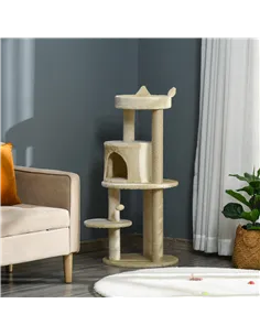 PawHut 104 cm Cat Tree, Cat Condo Tree Tower, Cat Activity Centre with Scratching Posts, Plush Perch, Hanging Ball - Cream White 2