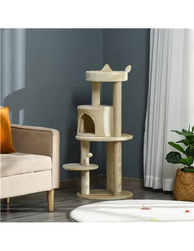 PawHut 104 cm Cat Tree, Cat Condo Tree Tower, Cat Activity Centre with Scratching Posts, Plush Perch, Hanging Ball - Cream White