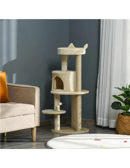 PawHut 104 cm Cat Tree, Cat Condo Tree Tower, Cat Activity Centre with Scratching Posts, Plush Perch, Hanging Ball - Cream White