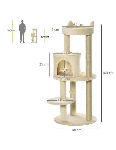 PawHut 104 cm Cat Tree, Cat Condo Tree Tower, Cat Activity Centre with Scratching Posts, Plush Perch, Hanging Ball - Cream White