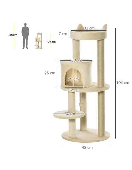 PawHut 104 cm Cat Tree, Cat Condo Tree Tower, Cat Activity Centre with Scratching Posts, Plush Perch, Hanging Ball - Cream White