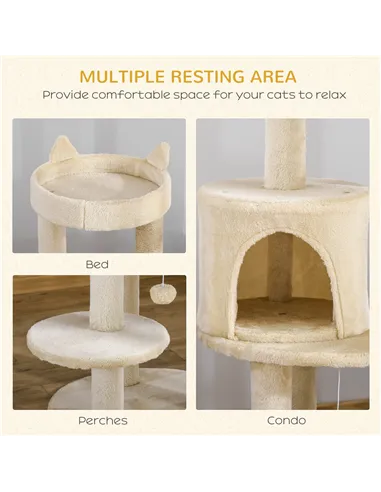 PawHut 104 cm Cat Tree, Cat Condo Tree Tower, Cat Activity Centre with Scratching Posts, Plush Perch, Hanging Ball - Cream White