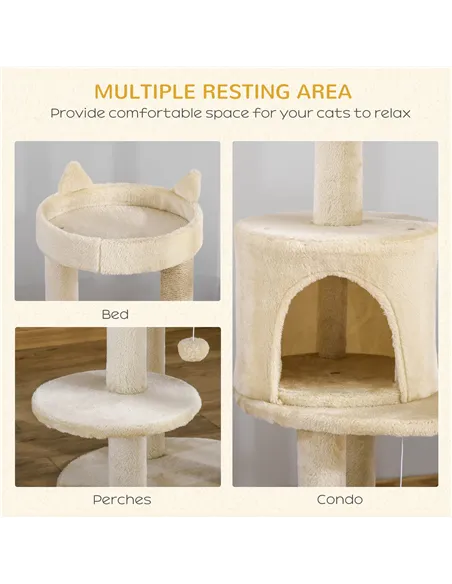 PawHut 104 cm Cat Tree, Cat Condo Tree Tower, Cat Activity Centre with Scratching Posts, Plush Perch, Hanging Ball - Cream White