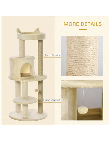 PawHut 104 cm Cat Tree, Cat Condo Tree Tower, Cat Activity Centre with Scratching Posts, Plush Perch, Hanging Ball - Cream White