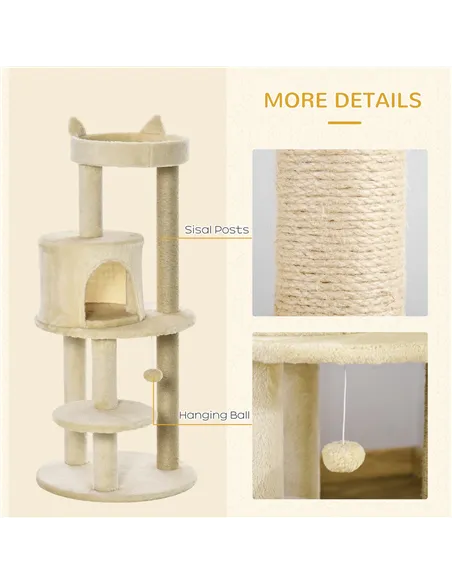 PawHut 104 cm Cat Tree, Cat Condo Tree Tower, Cat Activity Centre with Scratching Posts, Plush Perch, Hanging Ball - Cream White