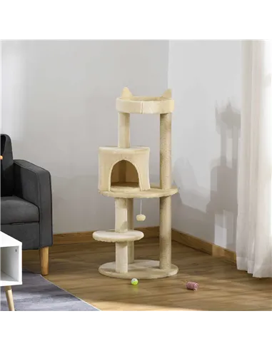 PawHut 104 cm Cat Tree, Cat Condo Tree Tower, Cat Activity Centre with Scratching Posts, Plush Perch, Hanging Ball - Cream White