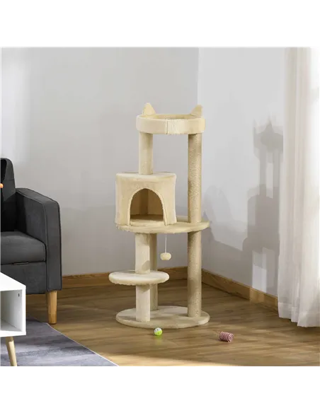 PawHut 104 cm Cat Tree, Cat Condo Tree Tower, Cat Activity Centre with Scratching Posts, Plush Perch, Hanging Ball - Cream White