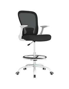 HOMCOM Draughtsman Chair, Mesh Drafting Chair, Ergonomic Office Chair with Flip-up Armrest, Adjustable Foot Ring, Black White
