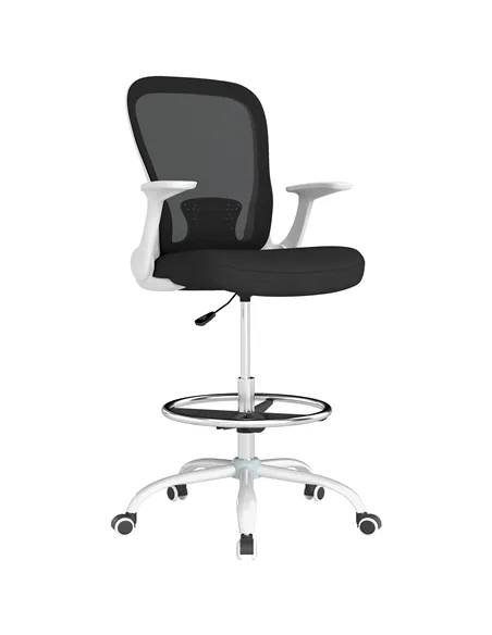 HOMCOM Draughtsman Chair, Mesh Drafting Chair, Ergonomic Office Chair with Flip-up Armrest, Adjustable Foot Ring, Black White