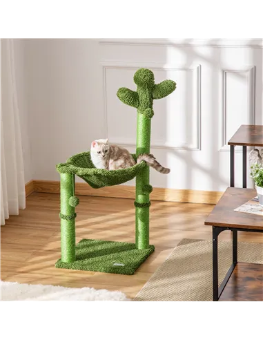 PawHut Cactus Cat Tree Tower for Indoor Cats Sisal Scratching Post with Hammock Bed Dangling Ball 40 x 40 x 96 cm