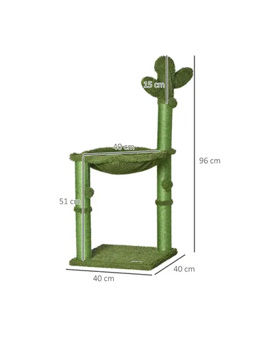 PawHut Cactus Cat Tree Tower for Indoor Cats Sisal Scratching Post with Hammock Bed Dangling Ball 40 x 40 x 96 cm