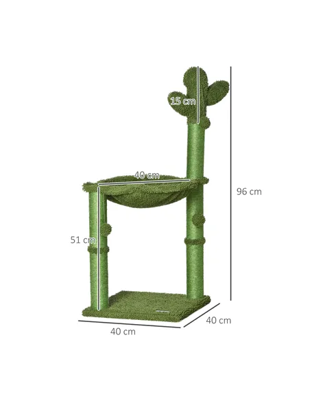 PawHut Cactus Cat Tree Tower for Indoor Cats Sisal Scratching Post with Hammock Bed Dangling Ball 40 x 40 x 96 cm