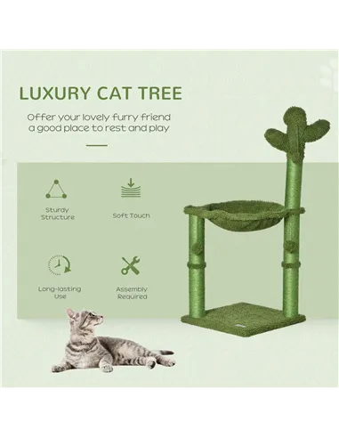 PawHut Cactus Cat Tree Tower for Indoor Cats Sisal Scratching Post with Hammock Bed Dangling Ball 40 x 40 x 96 cm