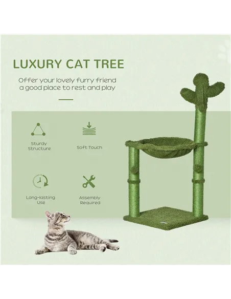 PawHut Cactus Cat Tree Tower for Indoor Cats Sisal Scratching Post with Hammock Bed Dangling Ball 40 x 40 x 96 cm