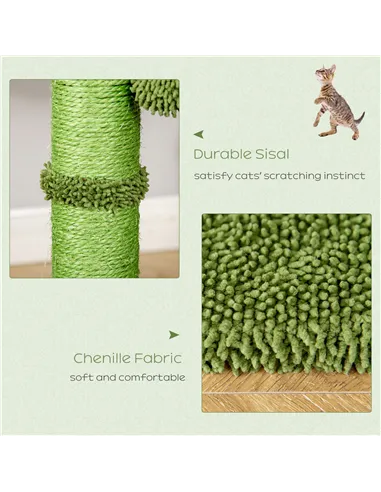 PawHut Cactus Cat Tree Tower for Indoor Cats Sisal Scratching Post with Hammock Bed Dangling Ball 40 x 40 x 96 cm