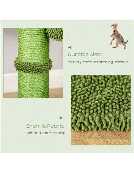 PawHut Cactus Cat Tree Tower for Indoor Cats Sisal Scratching Post with Hammock Bed Dangling Ball 40 x 40 x 96 cm