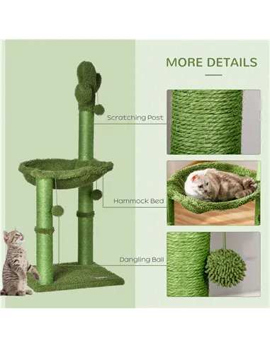 PawHut Cactus Cat Tree Tower for Indoor Cats Sisal Scratching Post with Hammock Bed Dangling Ball 40 x 40 x 96 cm