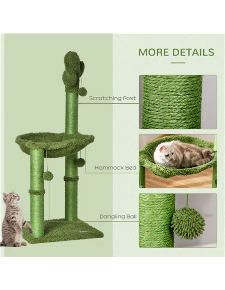 PawHut Cactus Cat Tree Tower for Indoor Cats Sisal Scratching Post with Hammock Bed Dangling Ball 40 x 40 x 96 cm