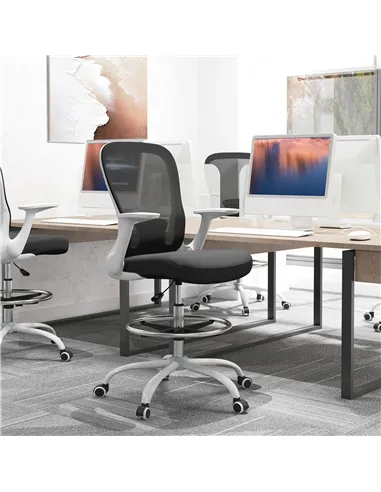 HOMCOM Draughtsman Chair, Mesh Drafting Chair, Ergonomic Office Chair with Flip-up Armrest, Adjustable Foot Ring, Black White