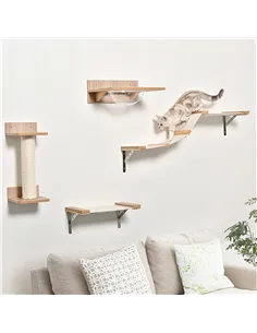 PawHut 4PCs Wall-mounted Cats Climbing Shelf Set Cat Tree Kitten Perch Activity Center with Hammock Scratching Post Jumping Plat 2
