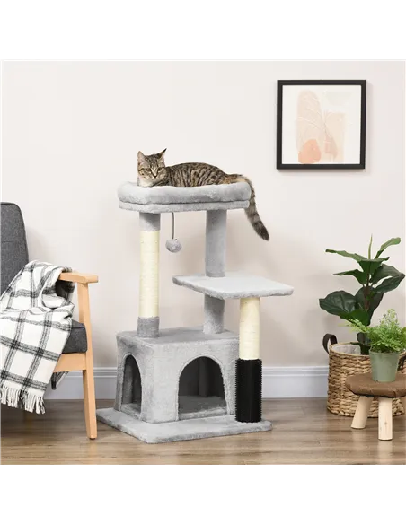 PawHut Cat Tree for Indoor Cats Climbing Tower Kitten Scratch Post Activity Center Kitten with Massage Toy Hanging Ball Bed Cond