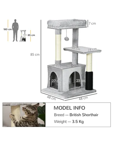 PawHut Cat Tree for Indoor Cats Climbing Tower Kitten Scratch Post Activity Center Kitten with Massage Toy Hanging Ball Bed Cond