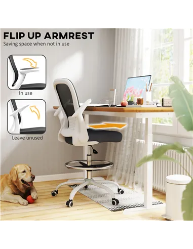 HOMCOM Draughtsman Chair, Mesh Drafting Chair, Ergonomic Office Chair with Flip-up Armrest, Adjustable Foot Ring, Black White