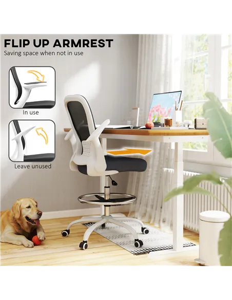 HOMCOM Draughtsman Chair, Mesh Drafting Chair, Ergonomic Office Chair with Flip-up Armrest, Adjustable Foot Ring, Black White