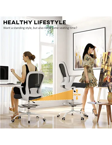 HOMCOM Draughtsman Chair, Mesh Drafting Chair, Ergonomic Office Chair with Flip-up Armrest, Adjustable Foot Ring, Black White