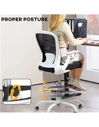 HOMCOM Draughtsman Chair, Mesh Drafting Chair, Ergonomic Office Chair with Flip-up Armrest, Adjustable Foot Ring, Black White