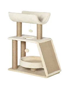 PawHut Cat Tree Tower, with Scratching Posts, Pad, Bed, Perch, Toy Ball - Light Brown