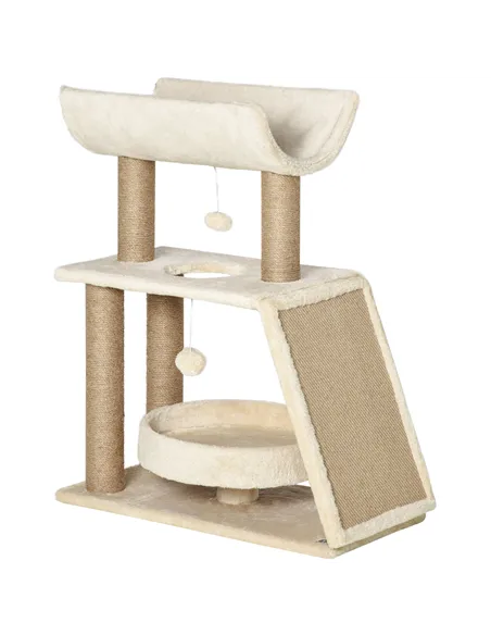 PawHut Cat Tree Tower, with Scratching Posts, Pad, Bed, Perch, Toy Ball - Light Brown