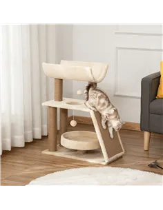 PawHut Cat Tree Tower, with Scratching Posts, Pad, Bed, Perch, Toy Ball - Light Brown 2