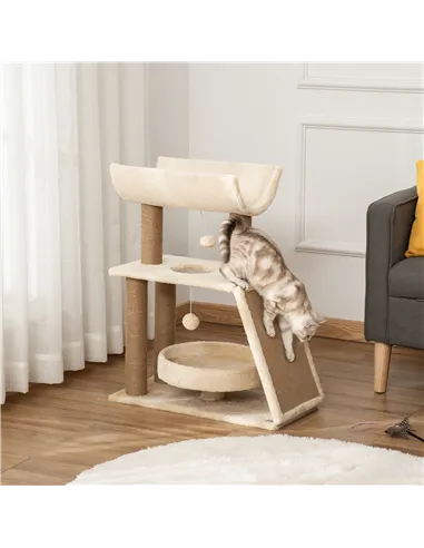 PawHut Cat Tree Tower, with Scratching Posts, Pad, Bed, Perch, Toy Ball - Light Brown