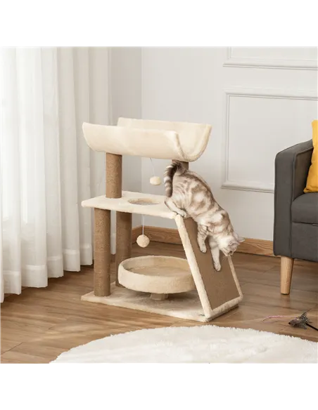 PawHut Cat Tree Tower, with Scratching Posts, Pad, Bed, Perch, Toy Ball - Light Brown