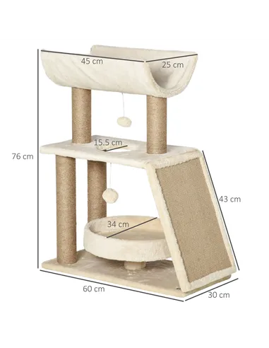 PawHut Cat Tree Tower, with Scratching Posts, Pad, Bed, Perch, Toy Ball - Light Brown