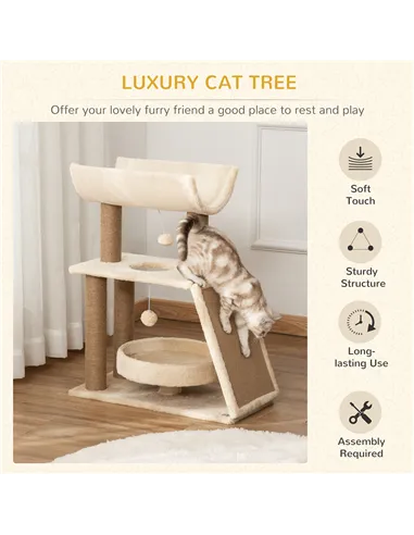 PawHut Cat Tree Tower, with Scratching Posts, Pad, Bed, Perch, Toy Ball - Light Brown