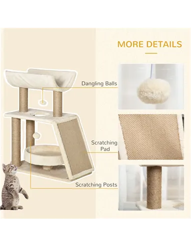 PawHut Cat Tree Tower, with Scratching Posts, Pad, Bed, Perch, Toy Ball - Light Brown